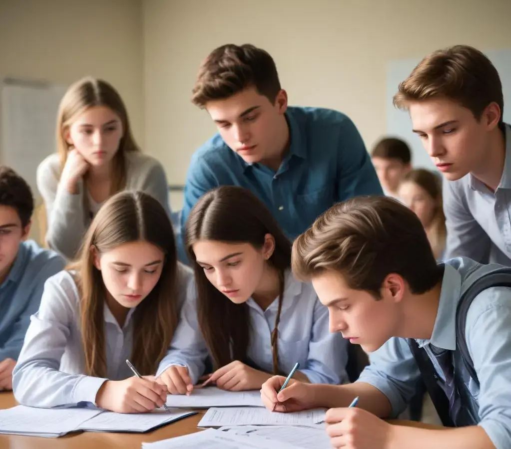 Estudantes do ensino médio revisam os gabaritos e cadernos de prova do Provão Paulista Seriado 2025, discutindo as respostas após a realização das avaliações.