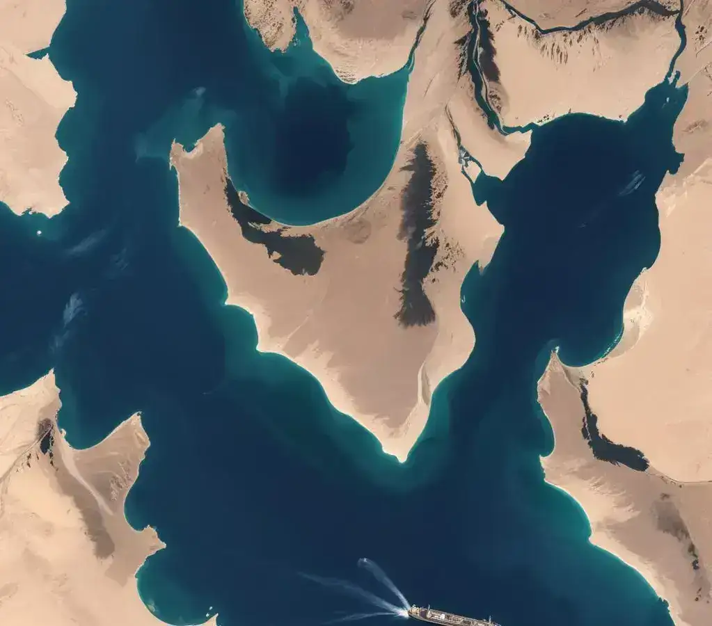 Navios petroleiros transitam pelo Estreito de Ormuz, a rota marítima crucial para o fornecimento de petróleo mundial, sob crescente tensão geopolítica no Oriente Médio.