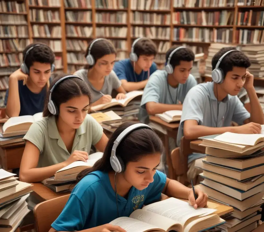 Jovens dedicam-se aos estudos das *obras obrigatórias do vestibular UFRGS 2027*, explorando a diversidade literária e musical exigida pela universidade.