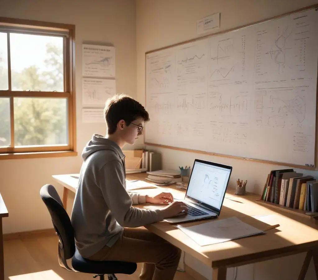 Estudante utilizando **inteligência artificial no estudo** para otimizar a preparação para o Enem e vestibulares, combinando *recursos tecnológicos* com métodos tradicionais.