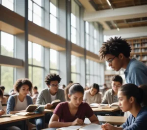 Estudantes universitários de diversas origens se dedicam à leitura e estudo das **obras obrigatórias** para o **Vestibular 2027** em uma biblioteca moderna, visando à aprovação.