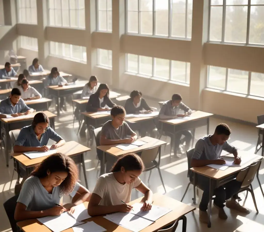 Estudantes concentrados durante a aplicação de provas do vestibular UFU, buscando uma vaga na instituição.