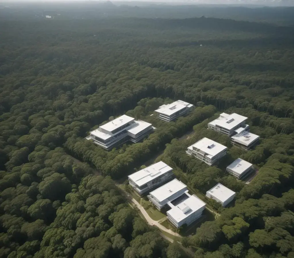 Vista aérea do campus da Universidade Federal do Amazonas (UFAM), destacando sua integração com a biodiversidade amazônica e a infraestrutura acadêmica.