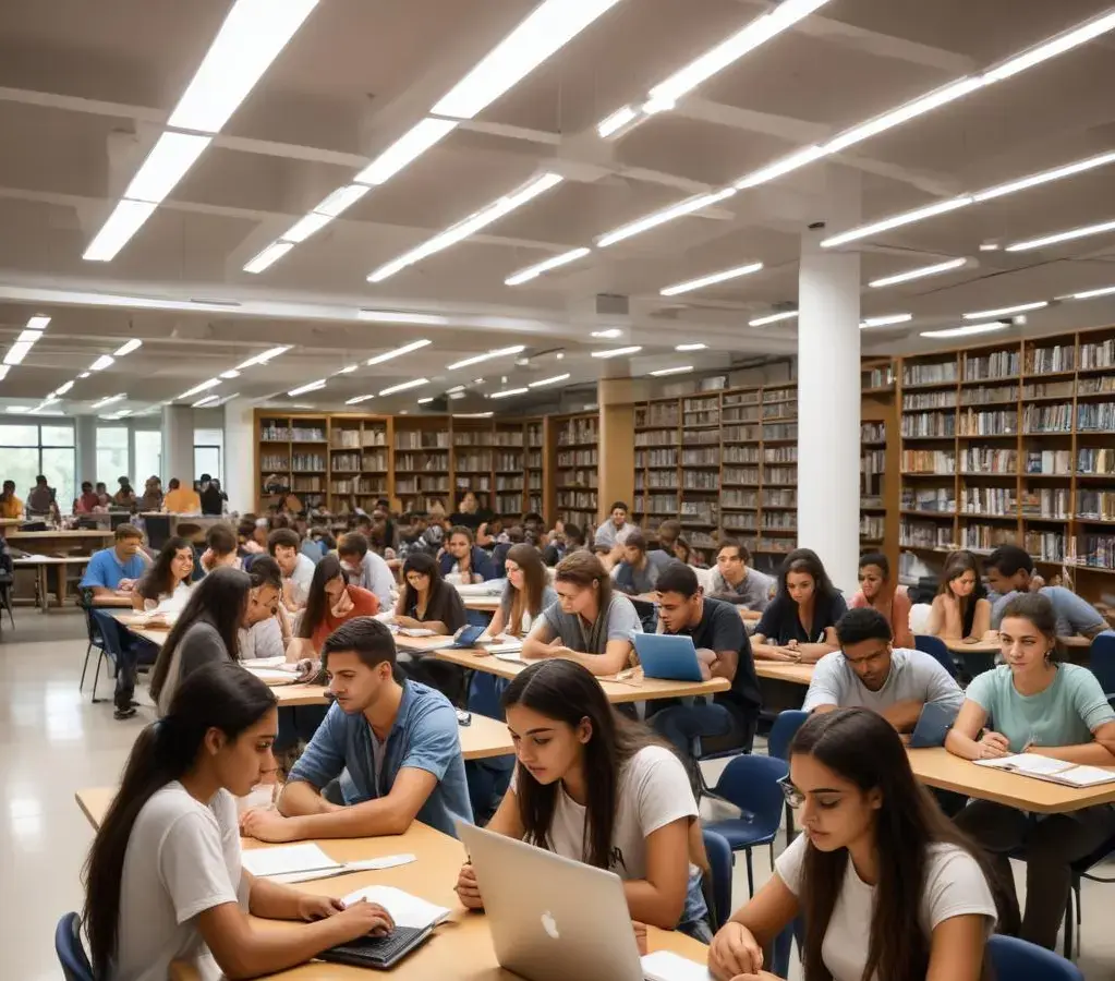 Estudantes empenhados na preparação para o Vestibular 2027 UFRGS, mergulhados nos estudos das leituras obrigatórias em uma biblioteca universitária.