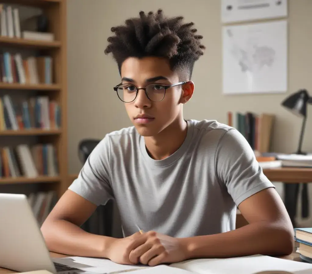 Estudante focado em seu plano de estudos para o Enem 2026, com materiais didáticos e computador, demonstrando dedicação à preparação.