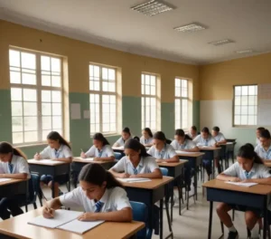 Estudantes em sala de aula durante a realização de prova, representando o novo monitoramento da qualidade da educação básica.
