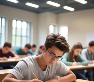 Estudantes em sala de aula durante a realização de prova de vestibular, etapa decisiva para o ingresso no ensino superior.