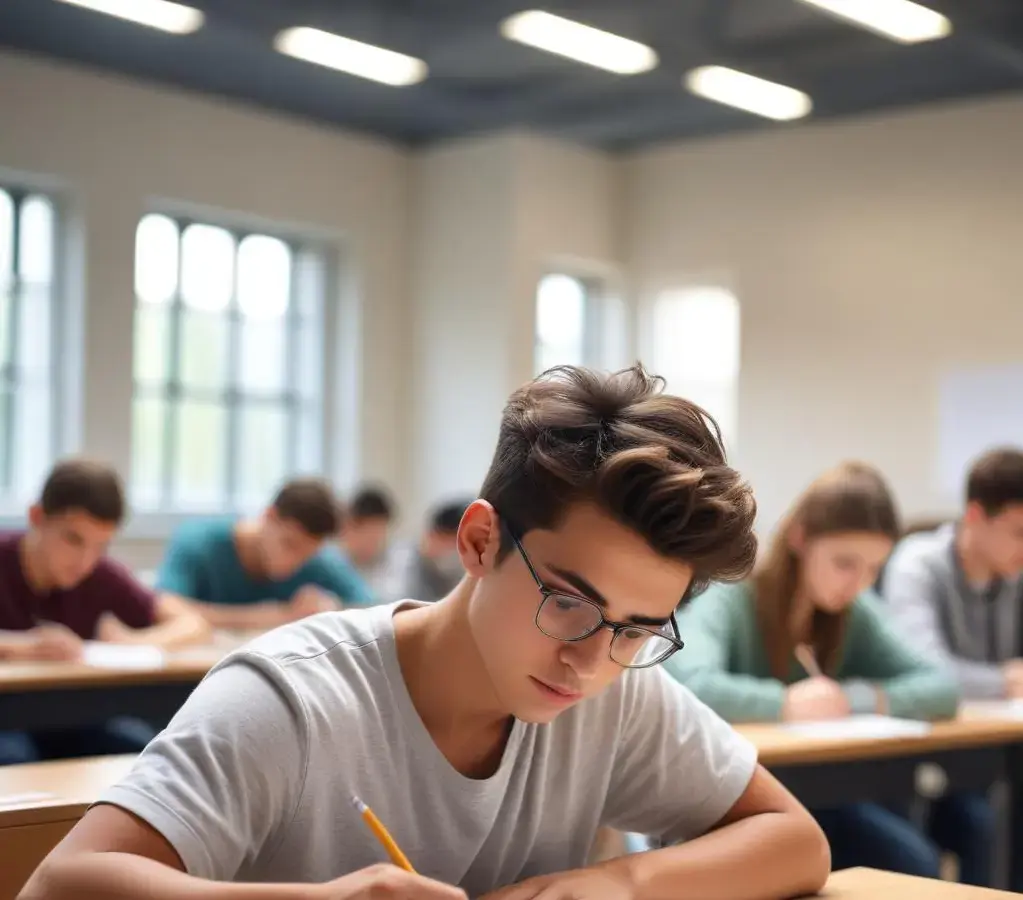 Estudantes em sala de aula durante a realização de prova de vestibular, etapa decisiva para o ingresso no ensino superior.