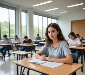 Estudantes em preparação para o Simulado Oficial Fuvest 2027, focando no treino para a 1ª fase do vestibular da USP.