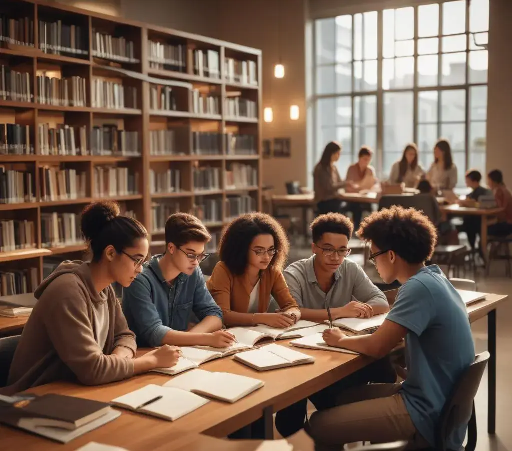 Estudantes em preparação para o vestibular em uma biblioteca acadêmica.