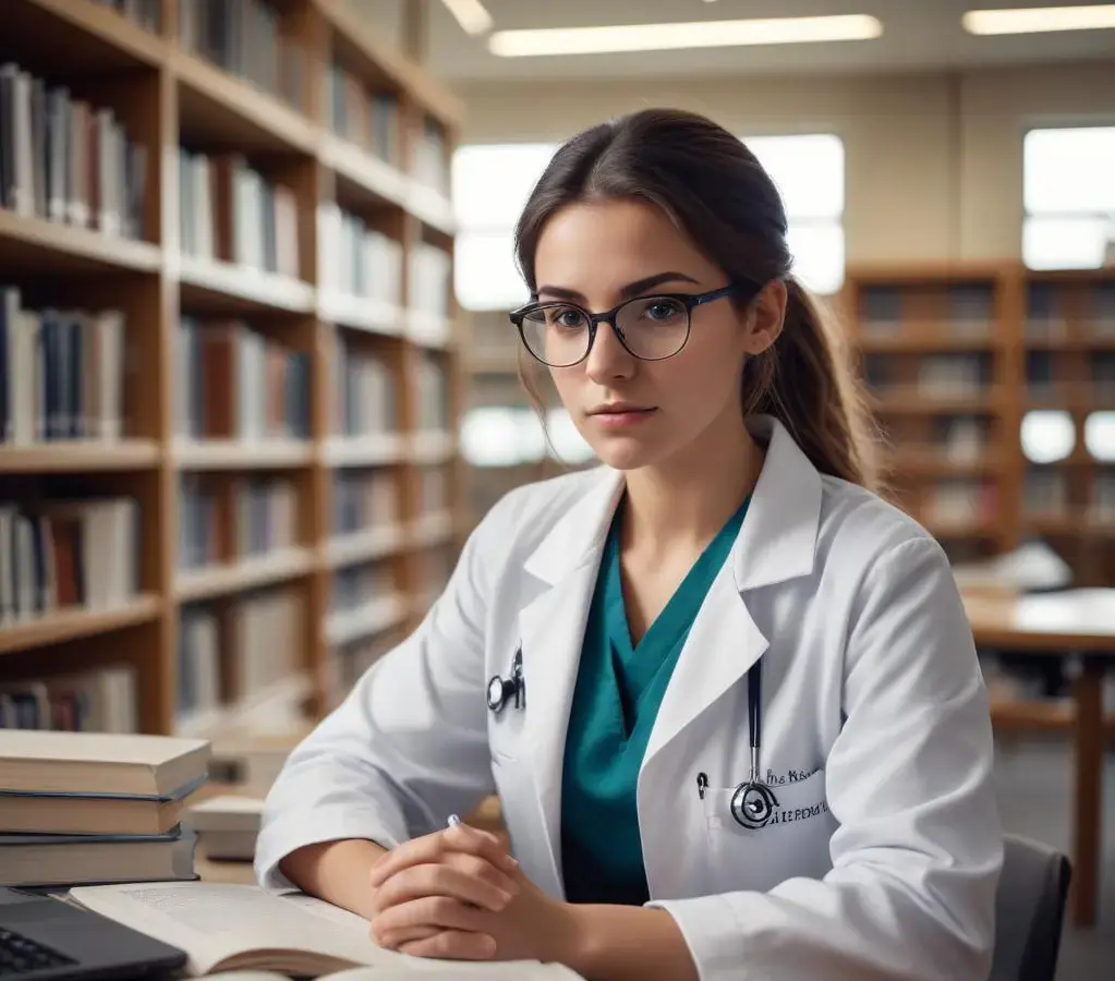 Estudante focado nos estudos em uma biblioteca universitária, preparando-se para os desafios dos vestibulares de Medicina no Sul.
