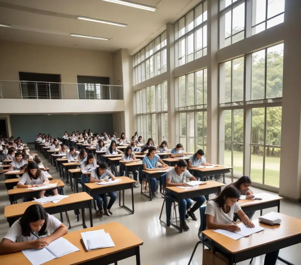 Estudantes em sala de aula durante etapa de simulação do vestibular no campus da Unicamp.