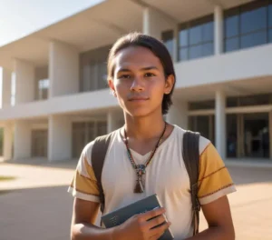 Estudante indígena em frente às instalações da UFGD, simbolizando a conquista do acesso ao ensino superior intercultural.
