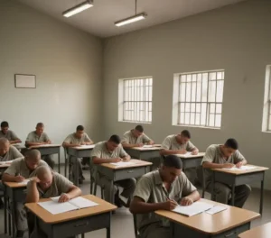 Cenário de inclusão educacional dentro do sistema prisional catarinense com detentos realizando exames acadêmicos.