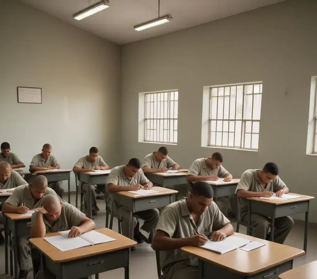 Cenário de inclusão educacional dentro do sistema prisional catarinense com detentos realizando exames acadêmicos.