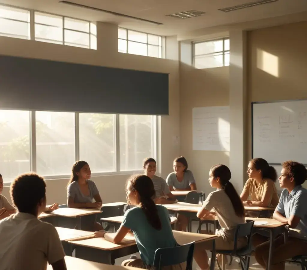 Sala de aula moderna no Brasil representa a expectativa de avanço e qualidade trazida pelo novo PNE para a próxima década.