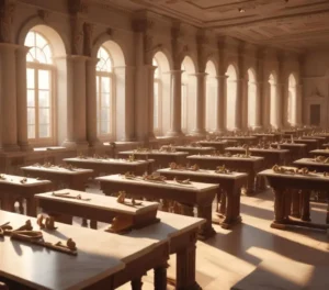 A evolução da educação: a ponte histórica entre a filosofia da Antiguidade e a estrutura das salas de aula modernas.