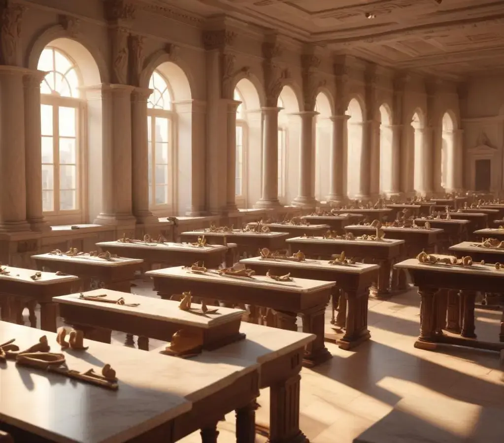A evolução da educação: a ponte histórica entre a filosofia da Antiguidade e a estrutura das salas de aula modernas.