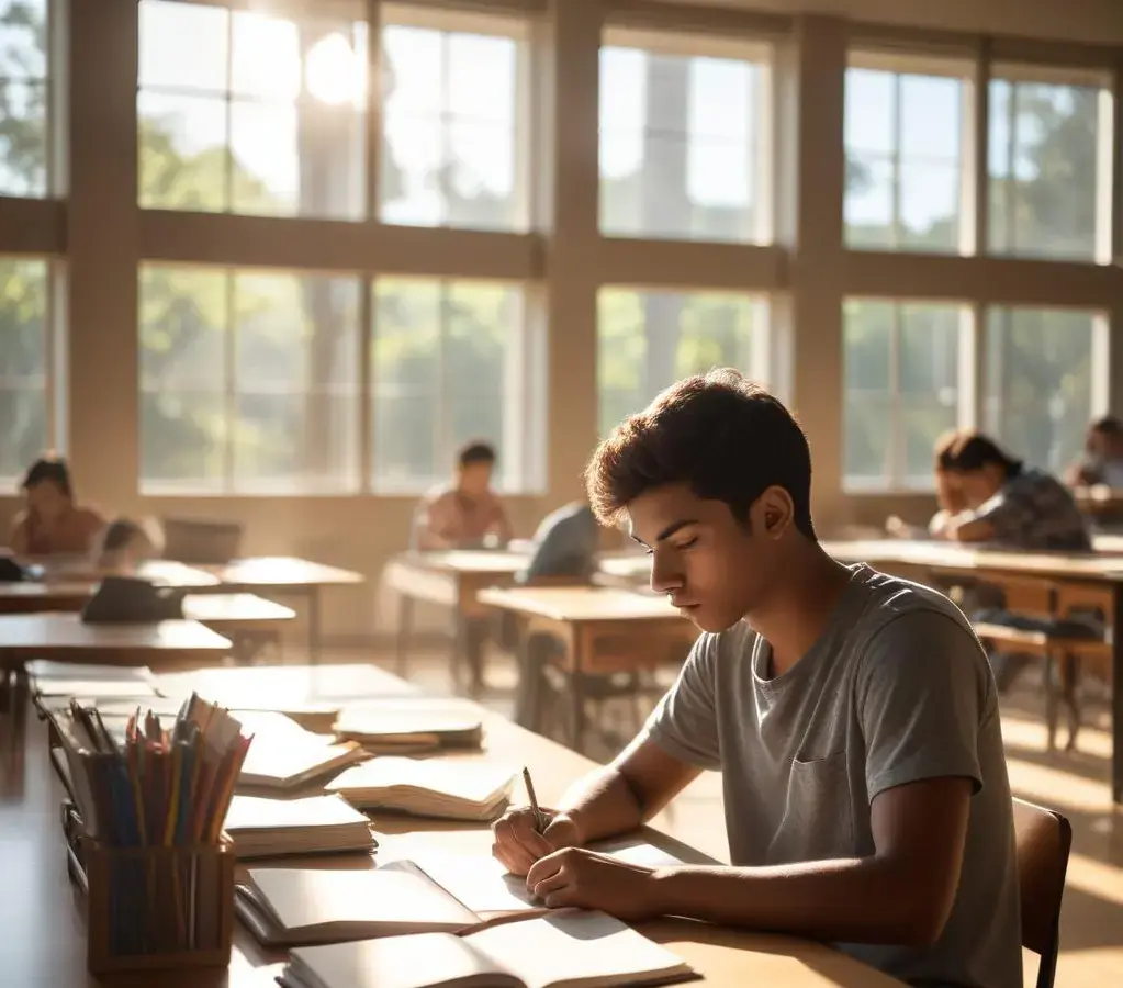 Estudante se prepara para o Vestibular Fuvest 2027 em ambiente de estudos, buscando informações sobre o Guia de Inclusão.