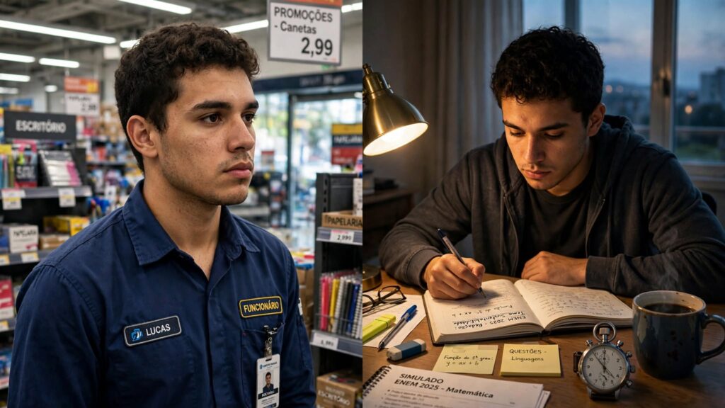 Jovem conciliando trabalho e estudos para o vestibular, trabalhando em loja durante o dia com uniforme de funcionário e estudando para o ENEM à noite com caderno de erros, cronômetro e simulado de matemática