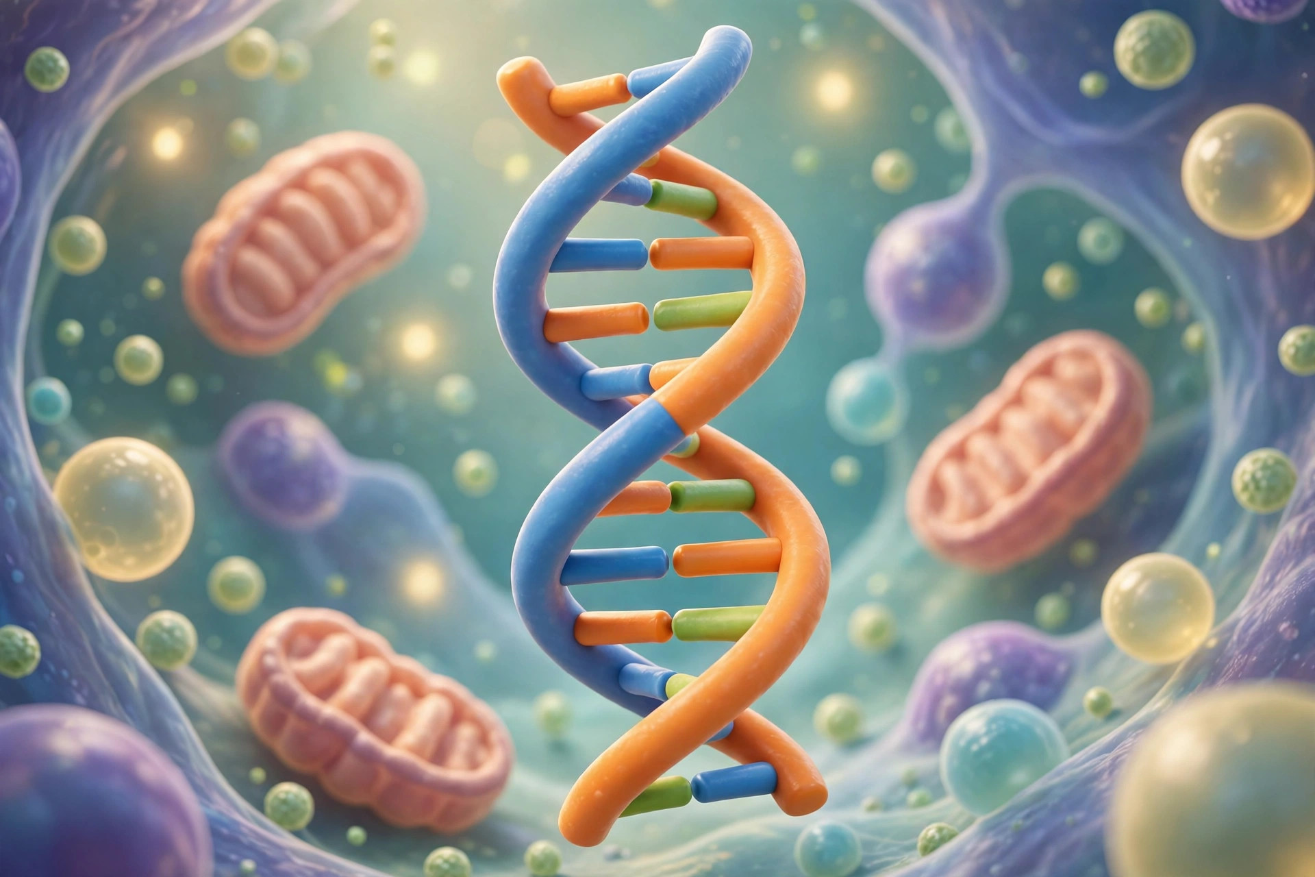 Ilustração estilo Pixar de uma dupla-hélice de DNA colorida dentro de uma célula.