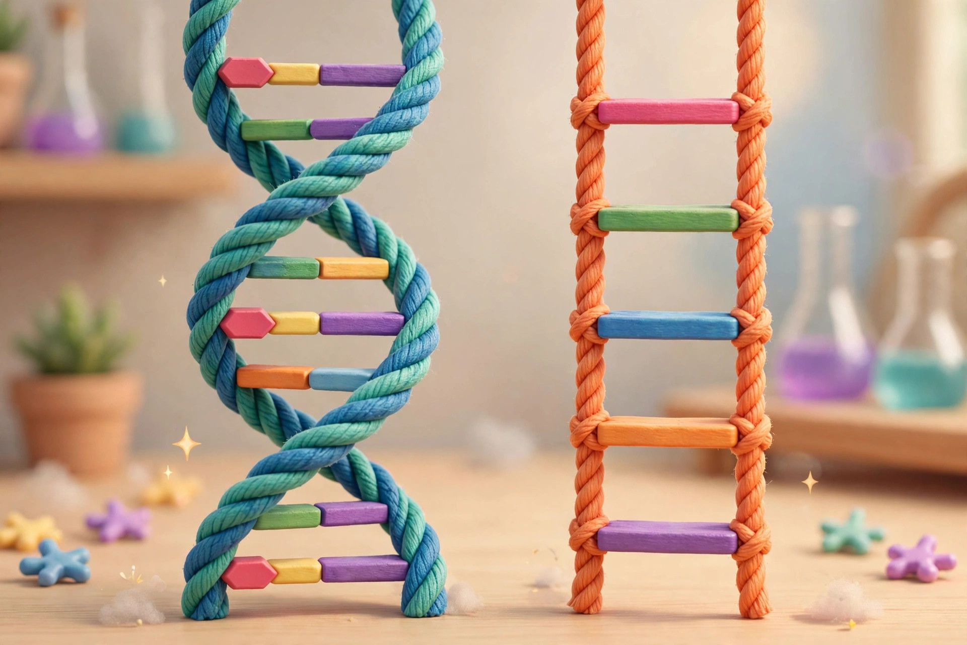 Ilustração estilo Pixar comparando a dupla-hélice do DNA com a fita simples do RNA.