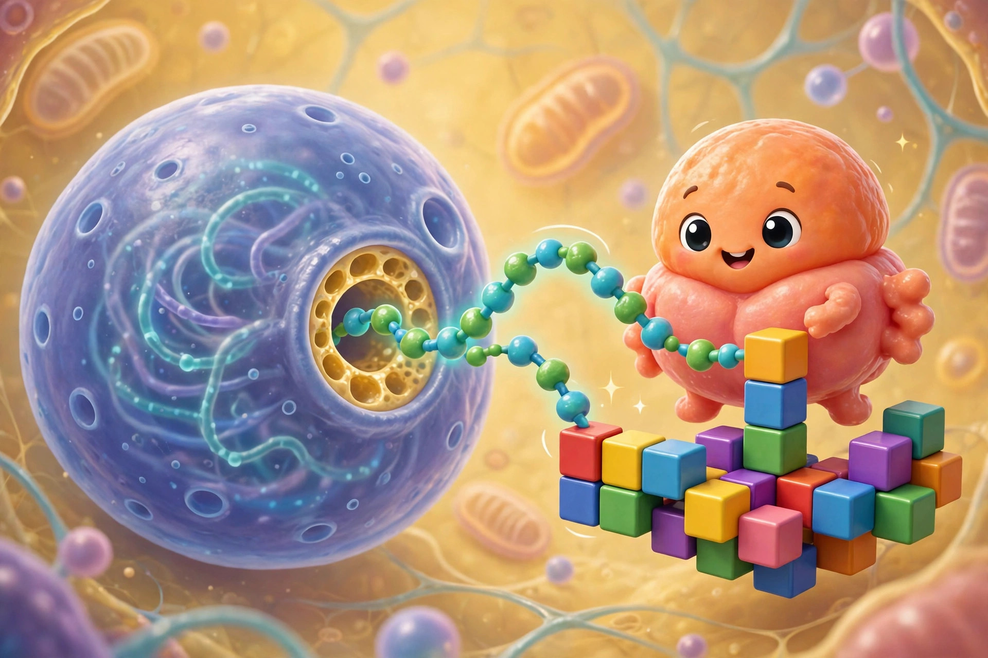 Ilustração estilo Pixar de um RNA mensageiro levando uma mensagem do núcleo até um ribossomo que monta uma proteína.