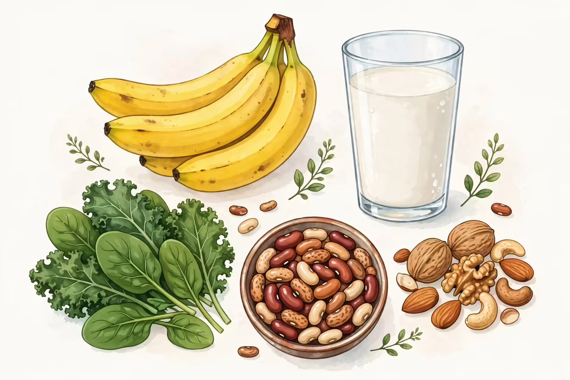 Ilustração de alimentos ricos em sais minerais: banana, leite, verduras verde-escuras, feijão e castanhas.