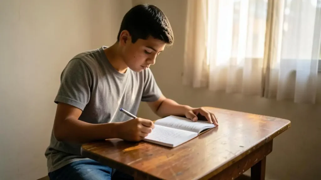 Estudante revisa anotações e questões em caderno durante a preparação para o exame nacional.