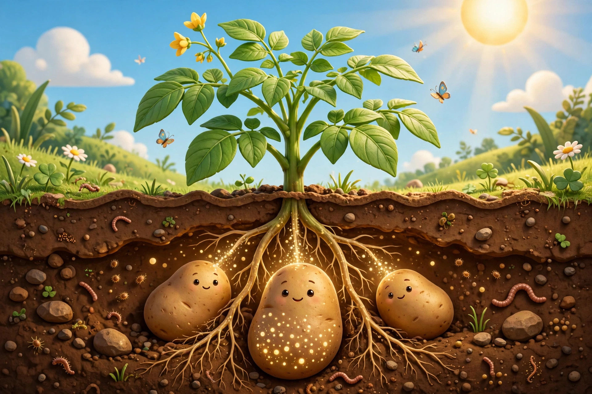 Ilustração estilo Pixar de uma planta armazenando amido em batatas sob o solo, ao sol.