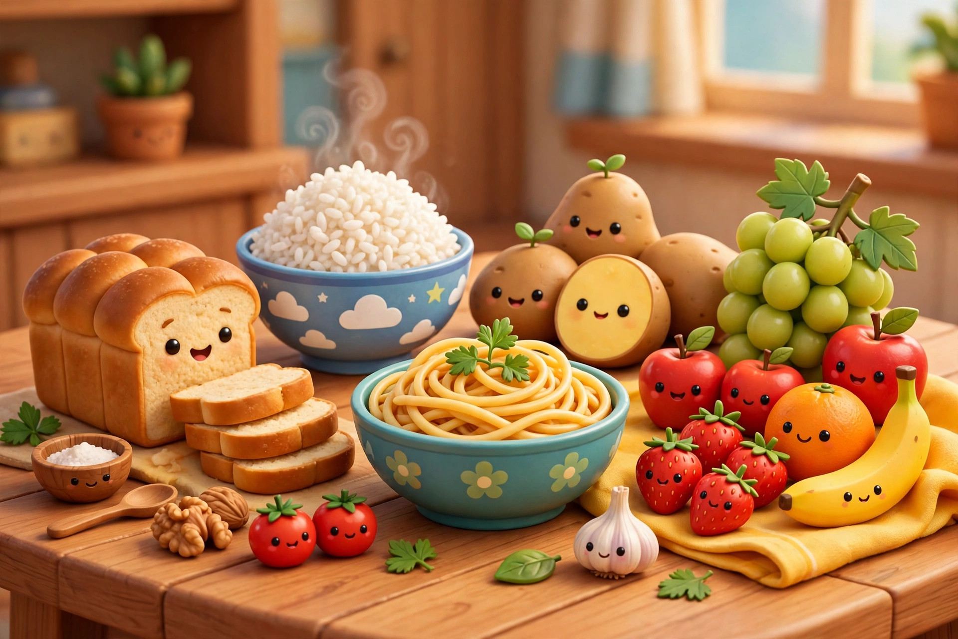 Ilustração estilo Pixar de alimentos ricos em carboidratos: pão, arroz, macarrão, batatas e frutas.