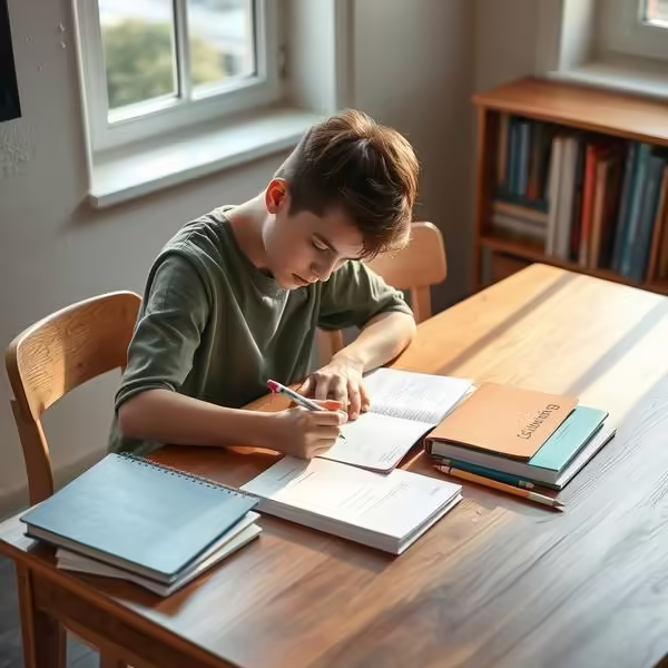 - Estudante analisa Ler Planilha na mesa de estudos com luz natural da janela.