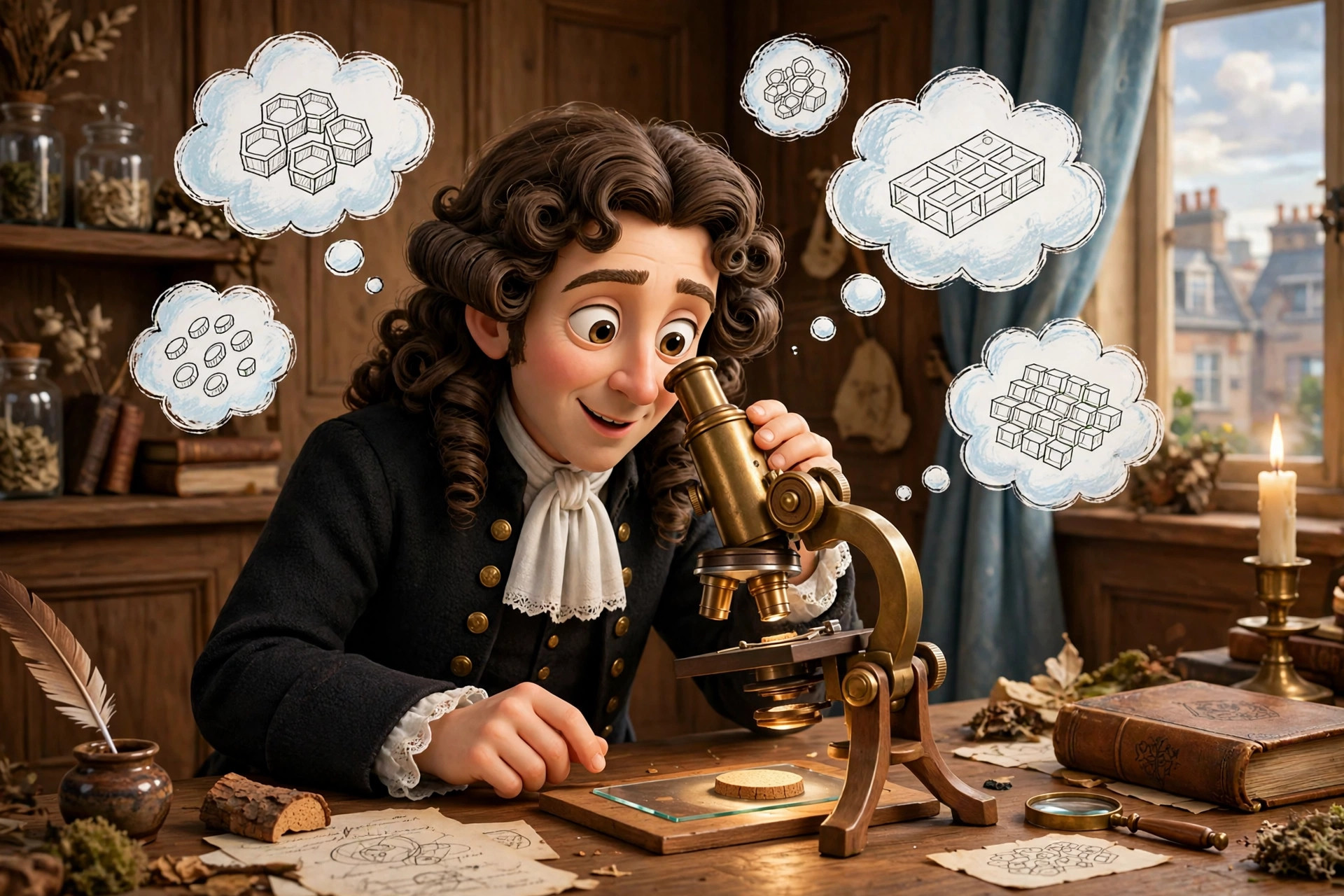 Ilustração estilo Pixar de um cientista observando cortiça ao microscópio e descobrindo as primeiras células.