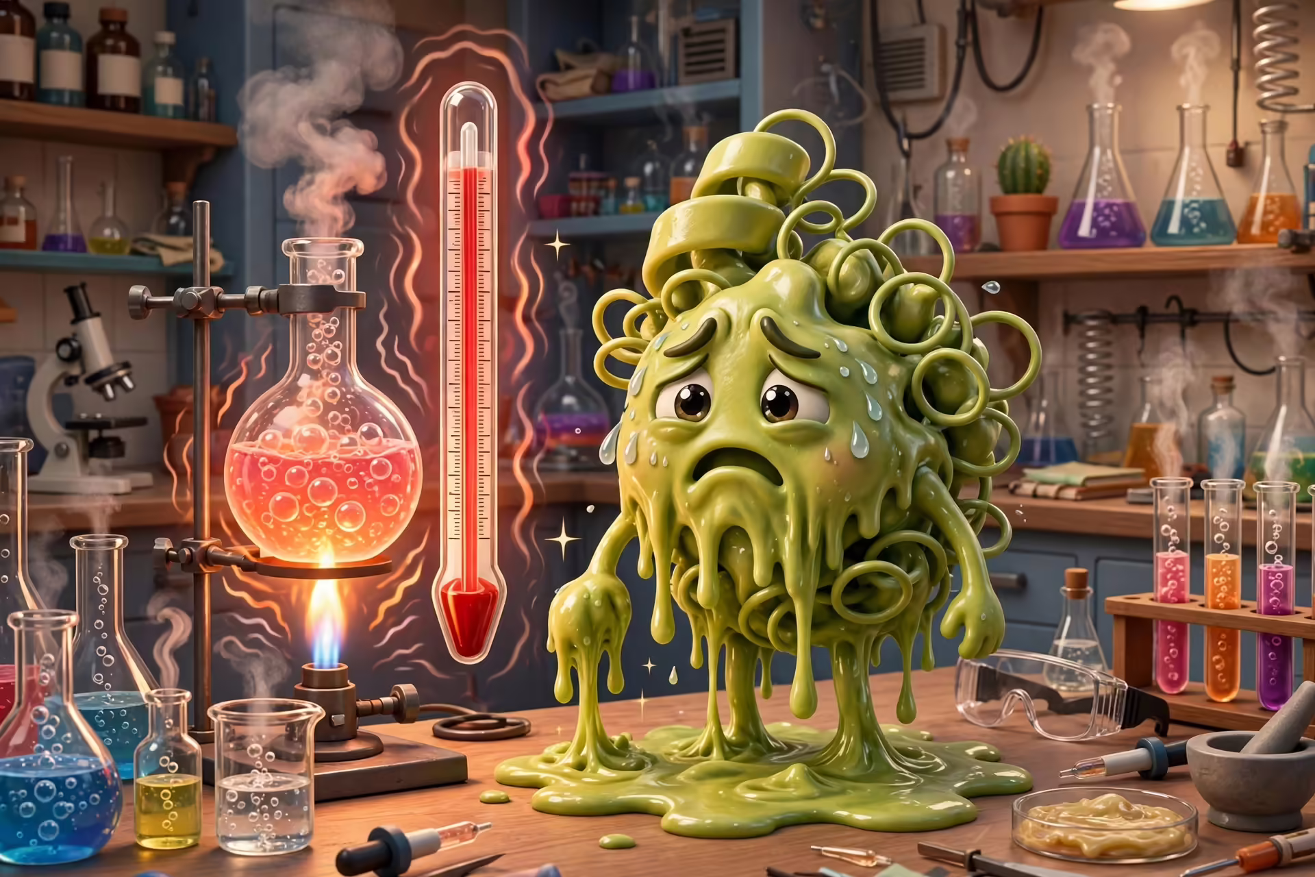 Ilustração estilo Pixar de uma enzima perdendo sua forma sob calor excessivo, ilustrando a desnaturação.