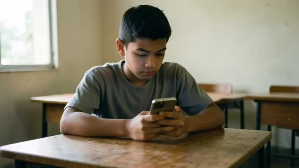 Estudante confere informações sobre o processo seletivo do Fies pelo celular em sala de aula.