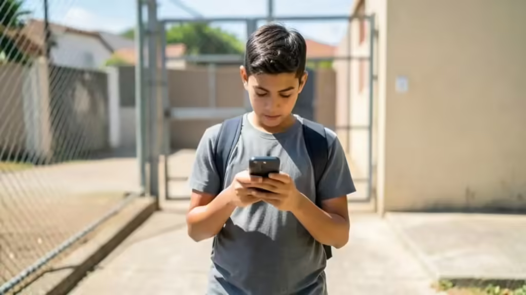 Estudante confere informações pelo celular na entrada da escola para o Enem 2026.