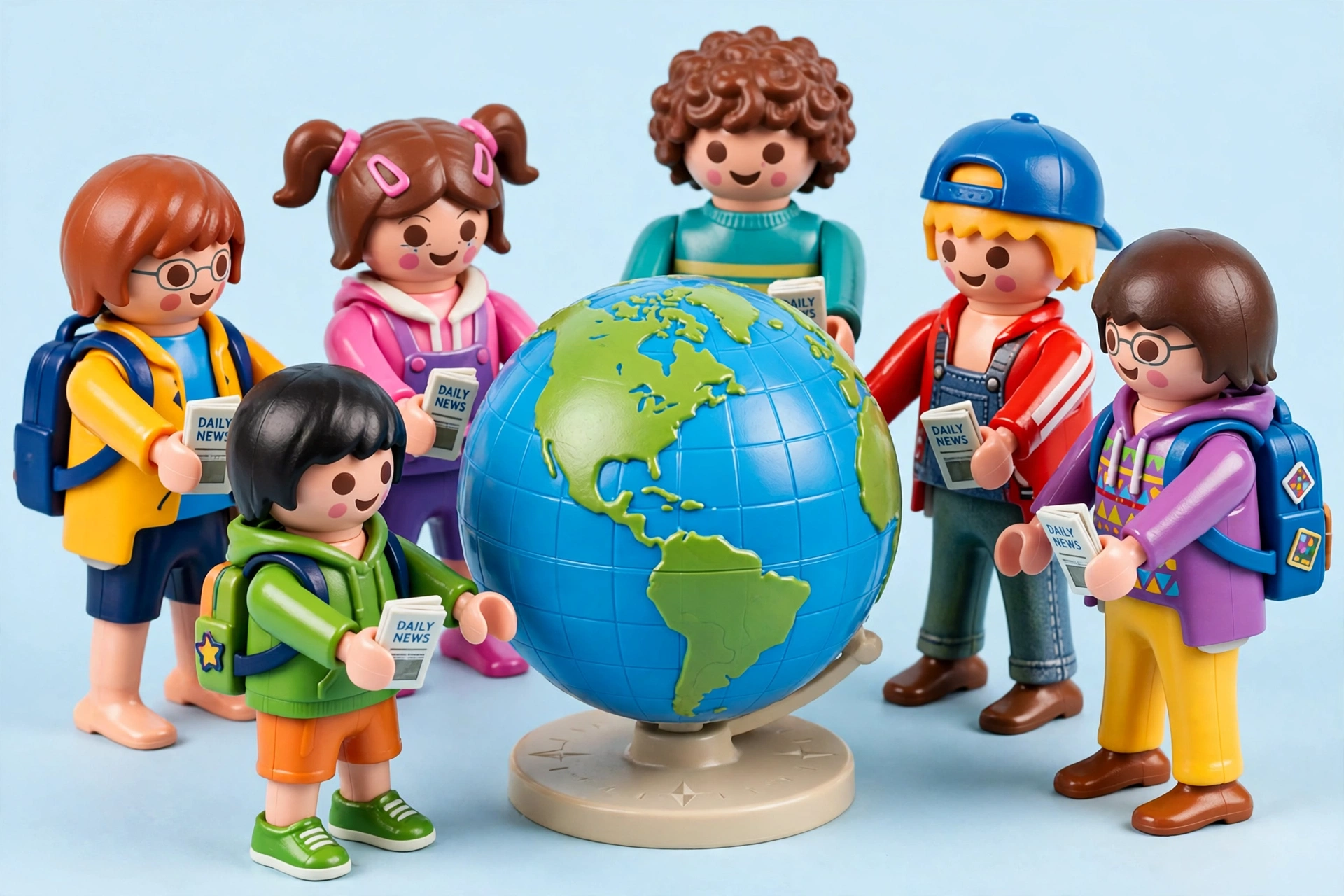 Bonequinhos estilo Playmobil ao redor de um globo com jornais