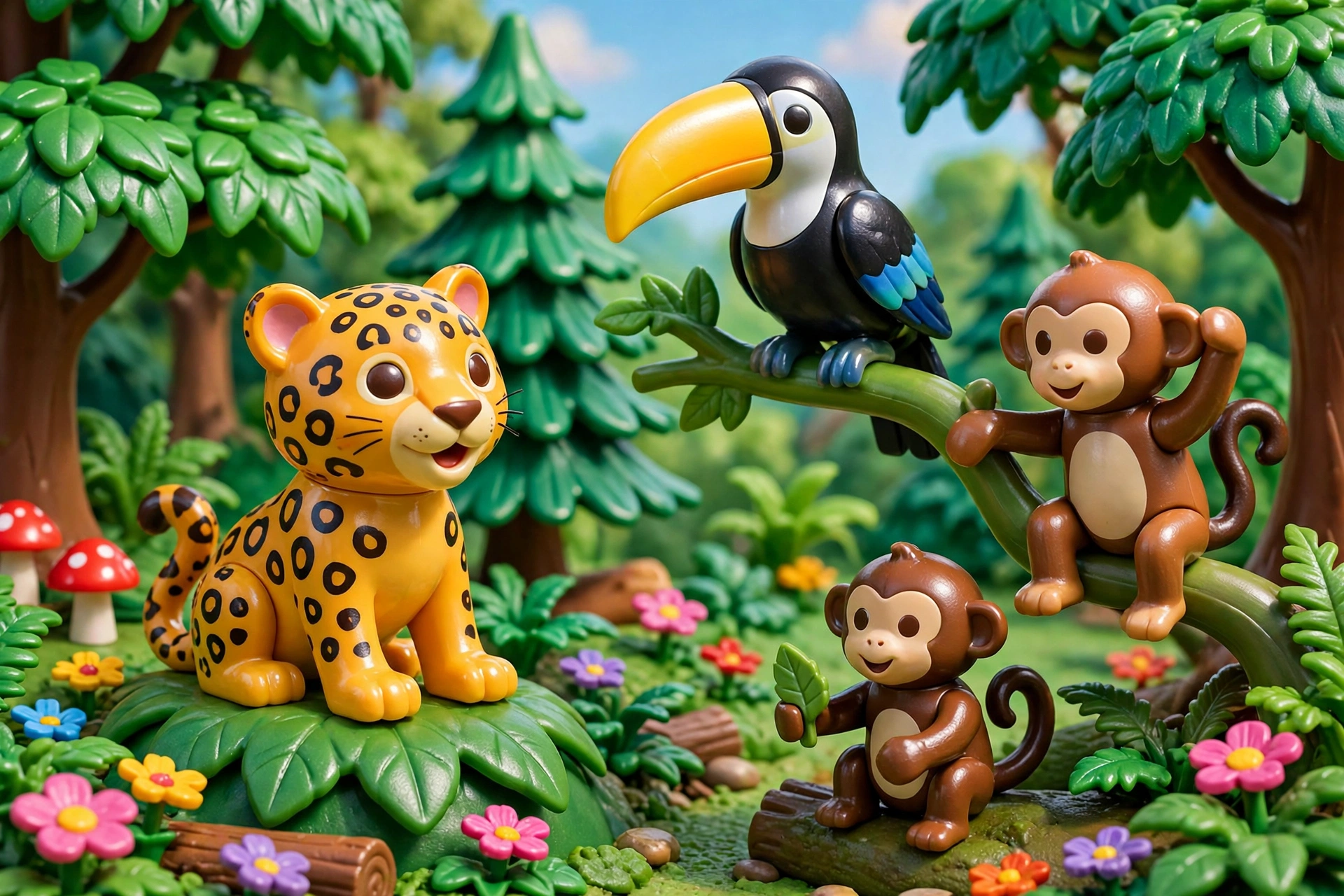 Bonequinhos estilo Playmobil de animais em uma floresta de brinquedo