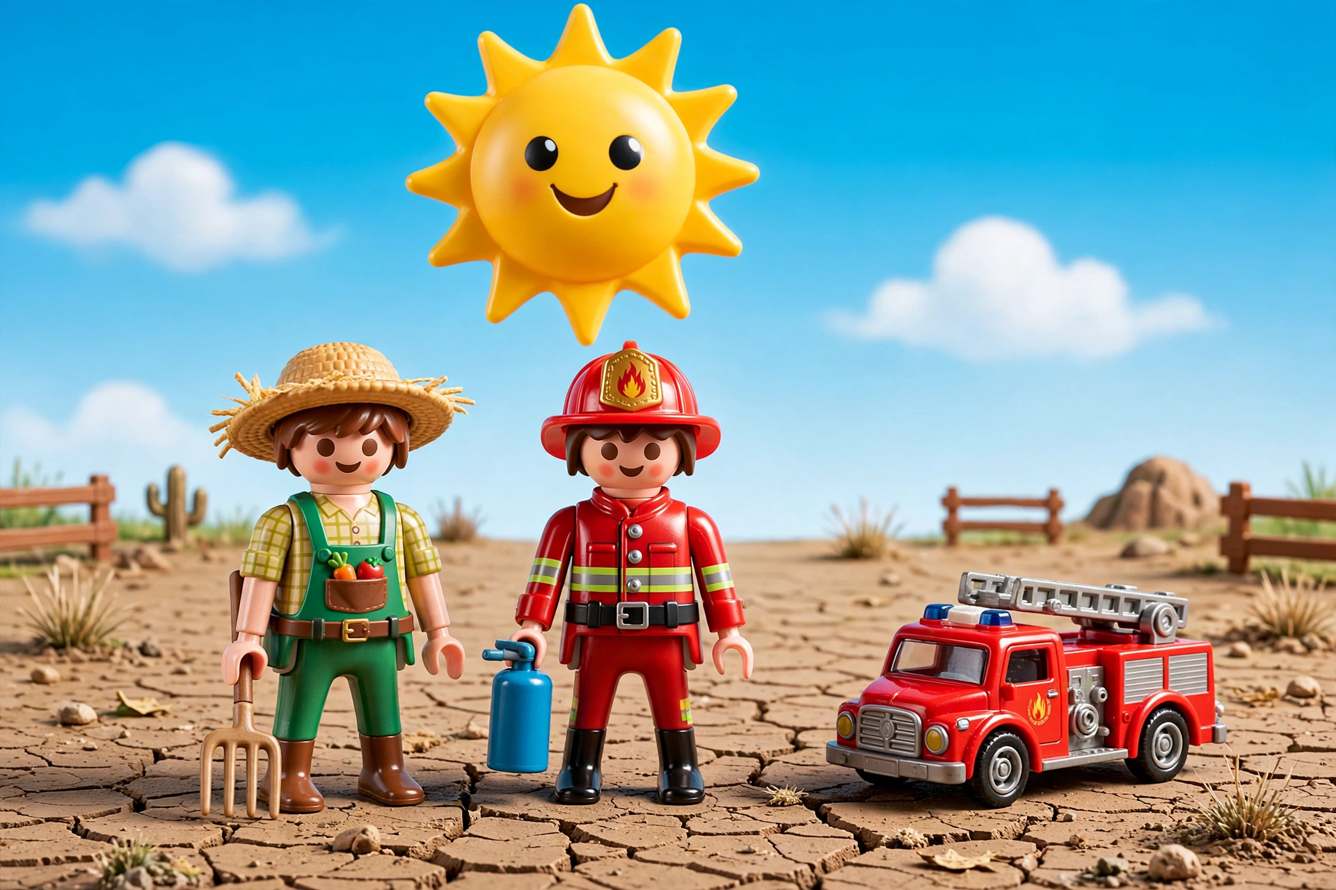 Bonequinhos estilo Playmobil de agricultor e bombeiro em solo seco sob um sol forte