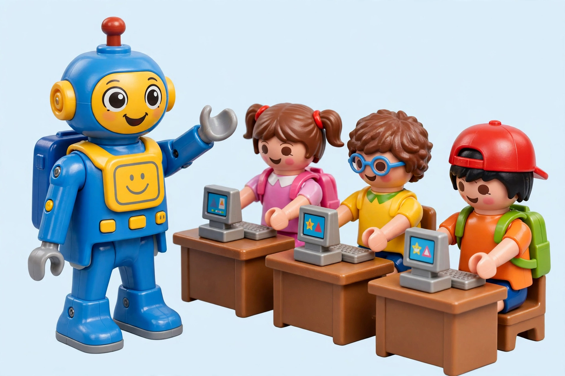 Bonequinho estilo Playmobil de robô simpático ao lado de estudantes em computadores