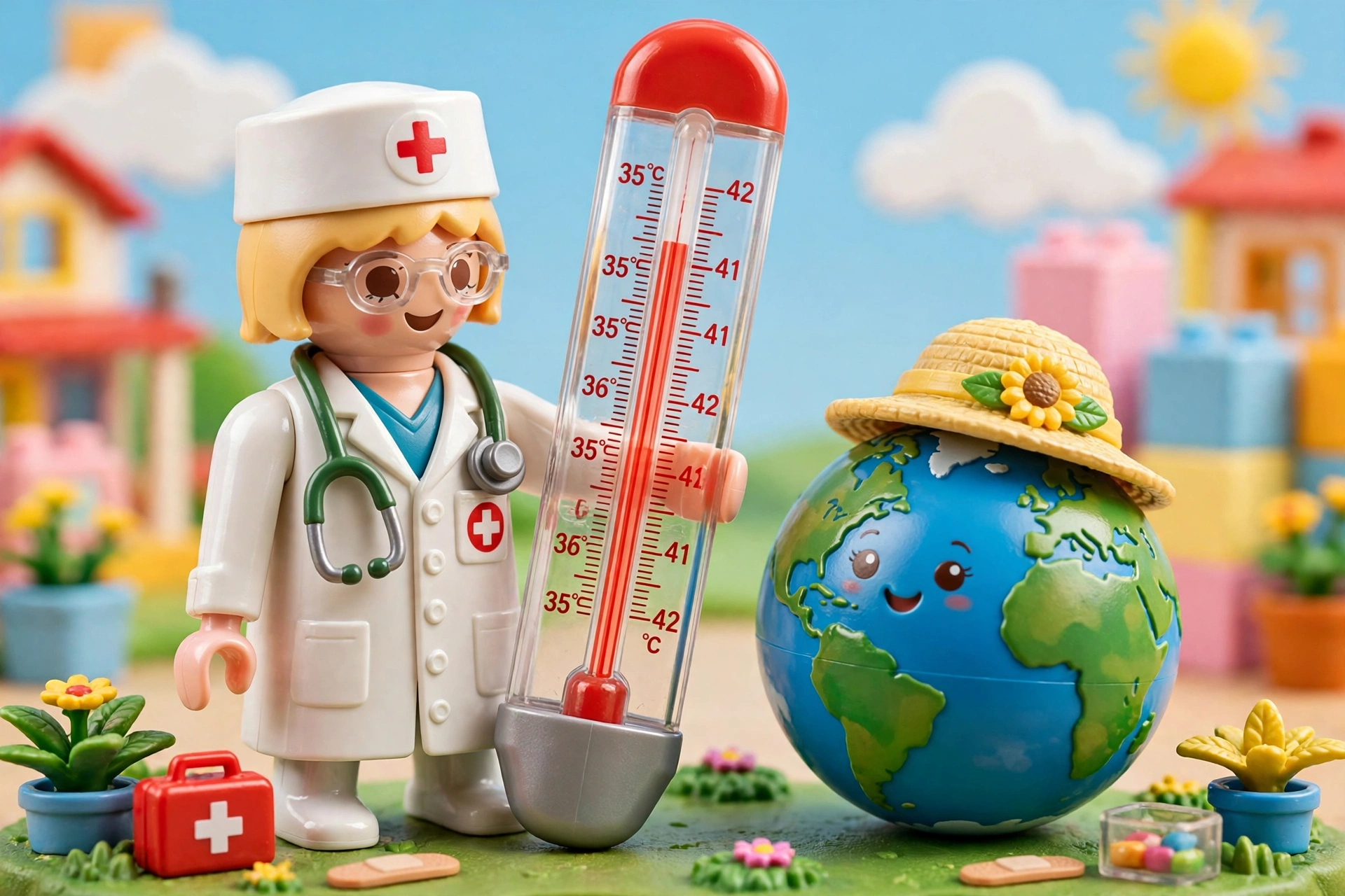 Bonequinho estilo Playmobil de médico com termômetro gigante ao lado do planeta Terra