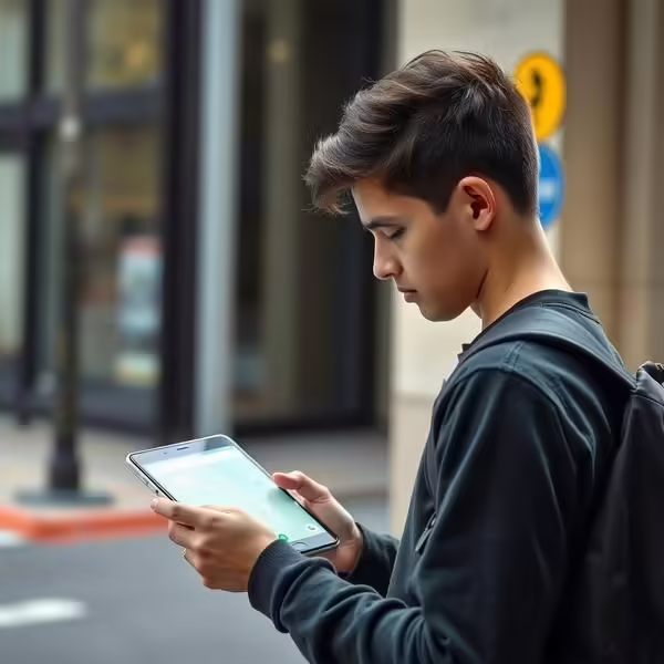 - Estudante analisa a rota para a prova usando o celular na calçada.