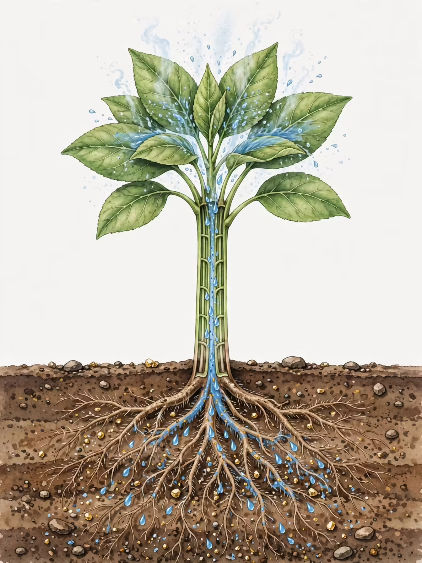 Ilustração de uma planta absorvendo água e sais minerais pelas raízes do solo, com a água subindo pelo caule até as folhas.