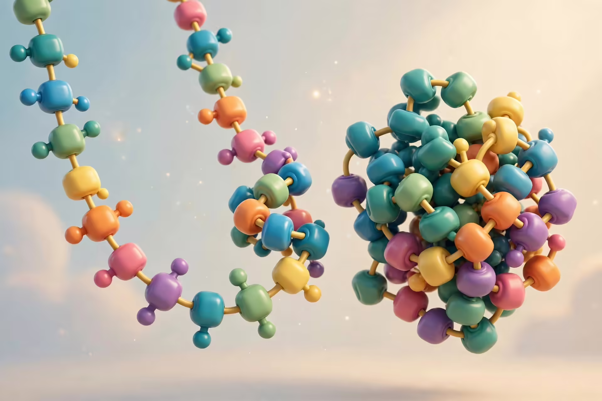 Ilustração estilo Pixar de aminoácidos ligados em cadeia se dobrando para formar uma proteína tridimensional.