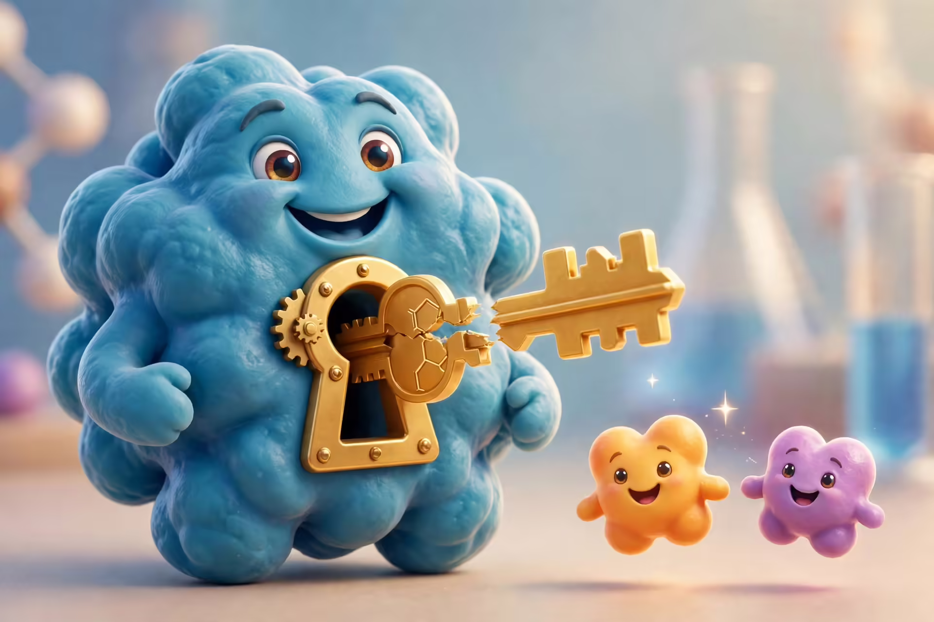 Ilustração estilo Pixar de uma enzima encaixando seu substrato como chave na fechadura e transformando-o em produtos.