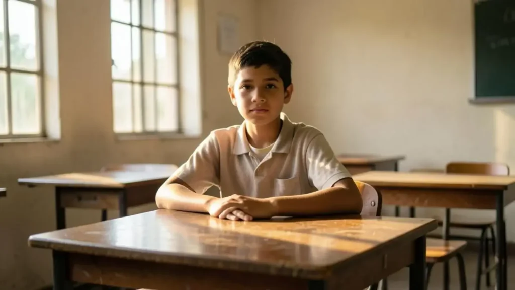 Estudante escrevendo redação em caderno durante preparação para o Provão Paulista em sala de aula.