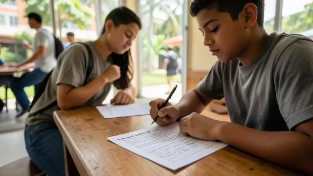 Estudante confere documentos de inscrição para o vestibular em ambiente universitário iluminado pela luz natural.
