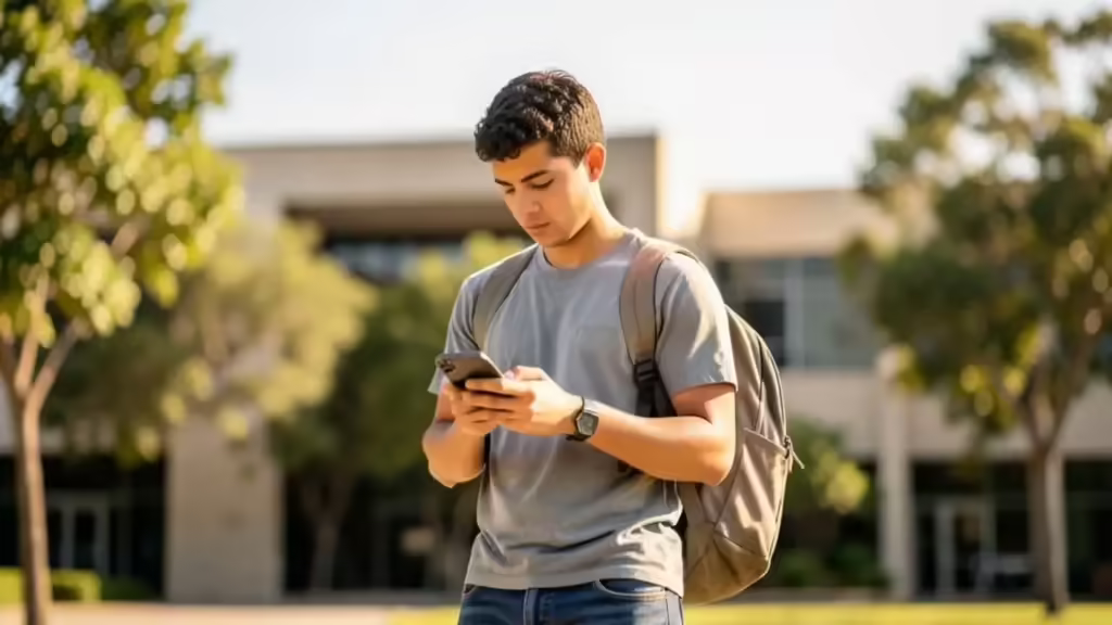 Estudante confere informações pelo celular nas proximidades de um campus universitário.